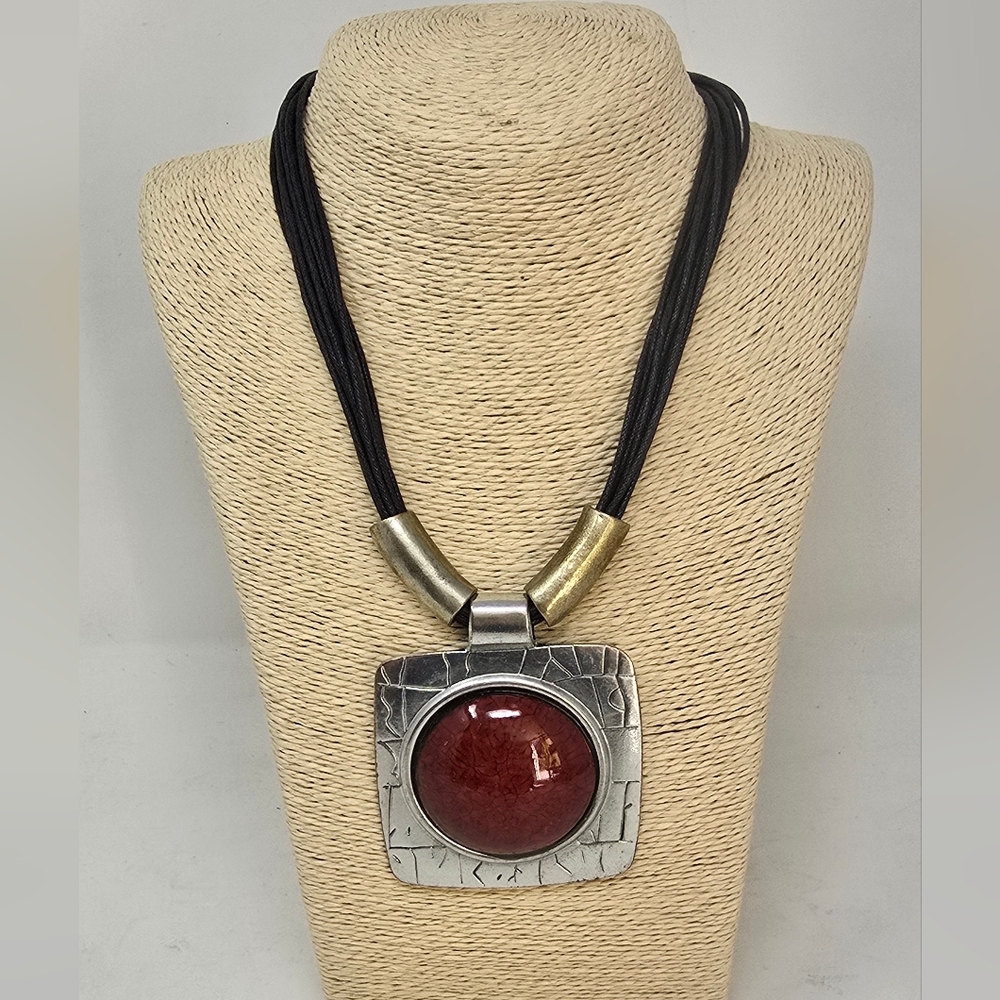 Vtg silver tone multi leather cord Red Cabochon pendant choker necklace preppy